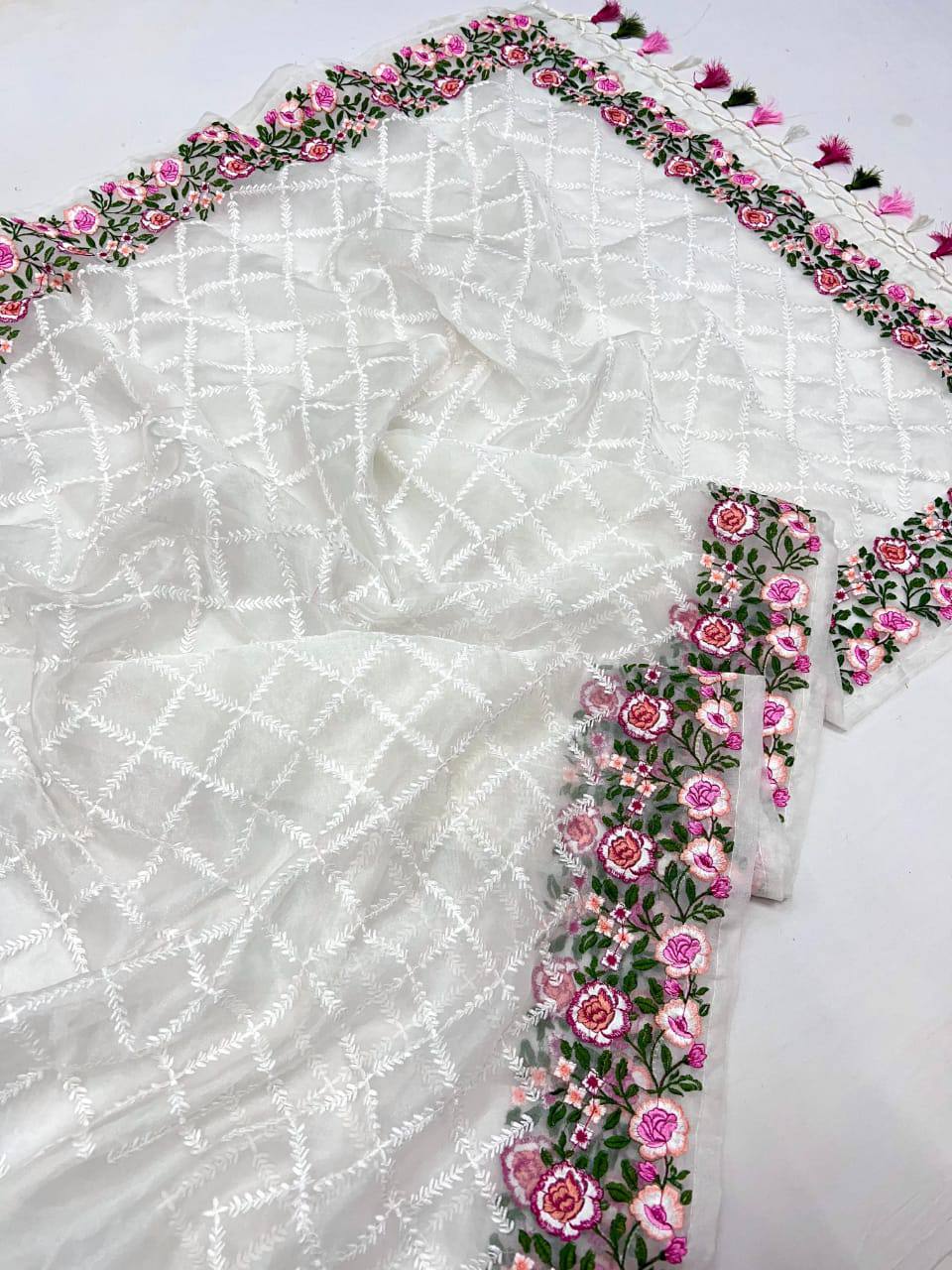 White Pure Organza Silk Multi Thread Embroidery Work Saree