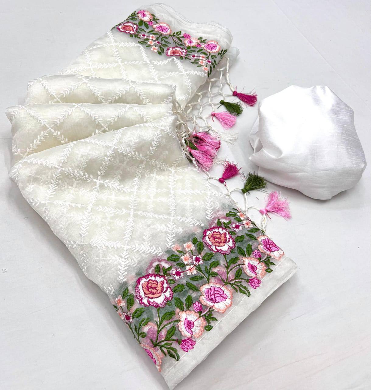 White Pure Organza Silk Multi Thread Embroidery Work Saree