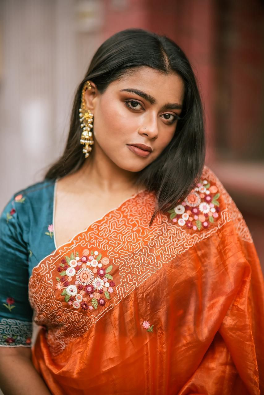 Orange Premium Paper Crush Silk Thread Embroidery Sequence Saree