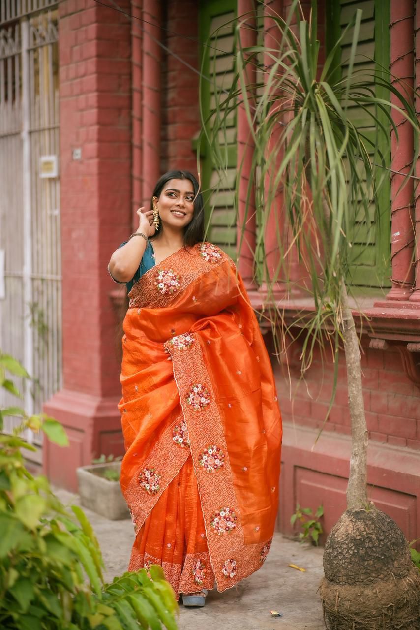 Orange Premium Paper Crush Silk Thread Embroidery Sequence Saree