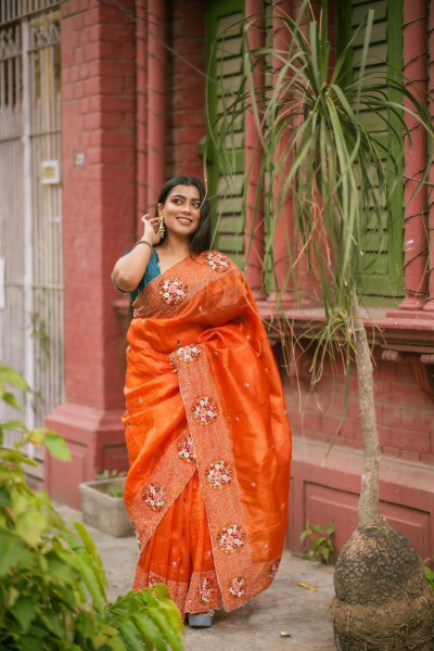 Image of Orange Premium Paper Crush Silk Thread Embroidery Sequence Saree