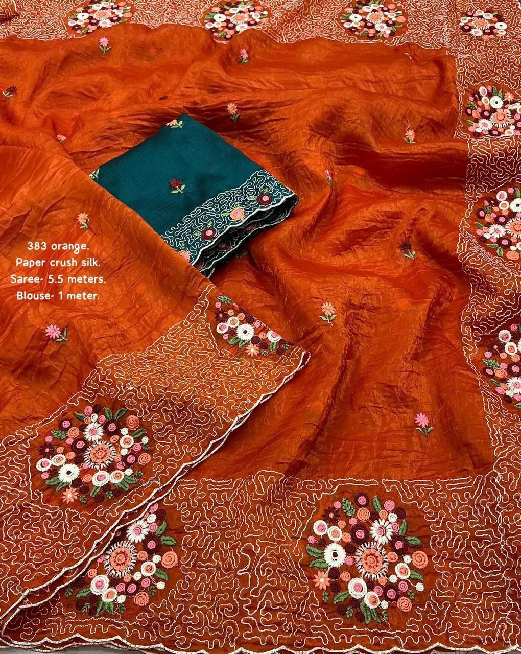 Orange Premium Paper Crush Silk Thread Embroidery Sequence Saree