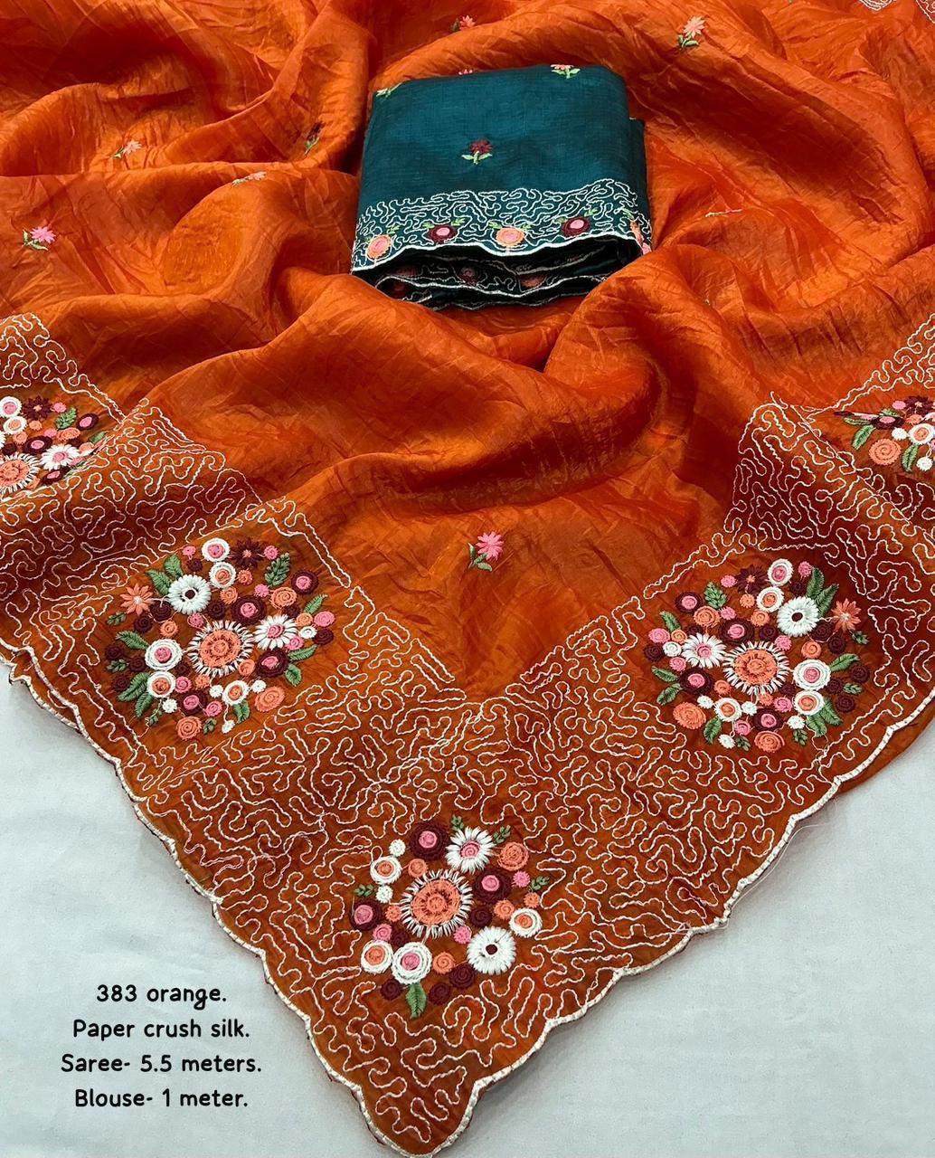 Orange Premium Paper Crush Silk Thread Embroidery Sequence Saree