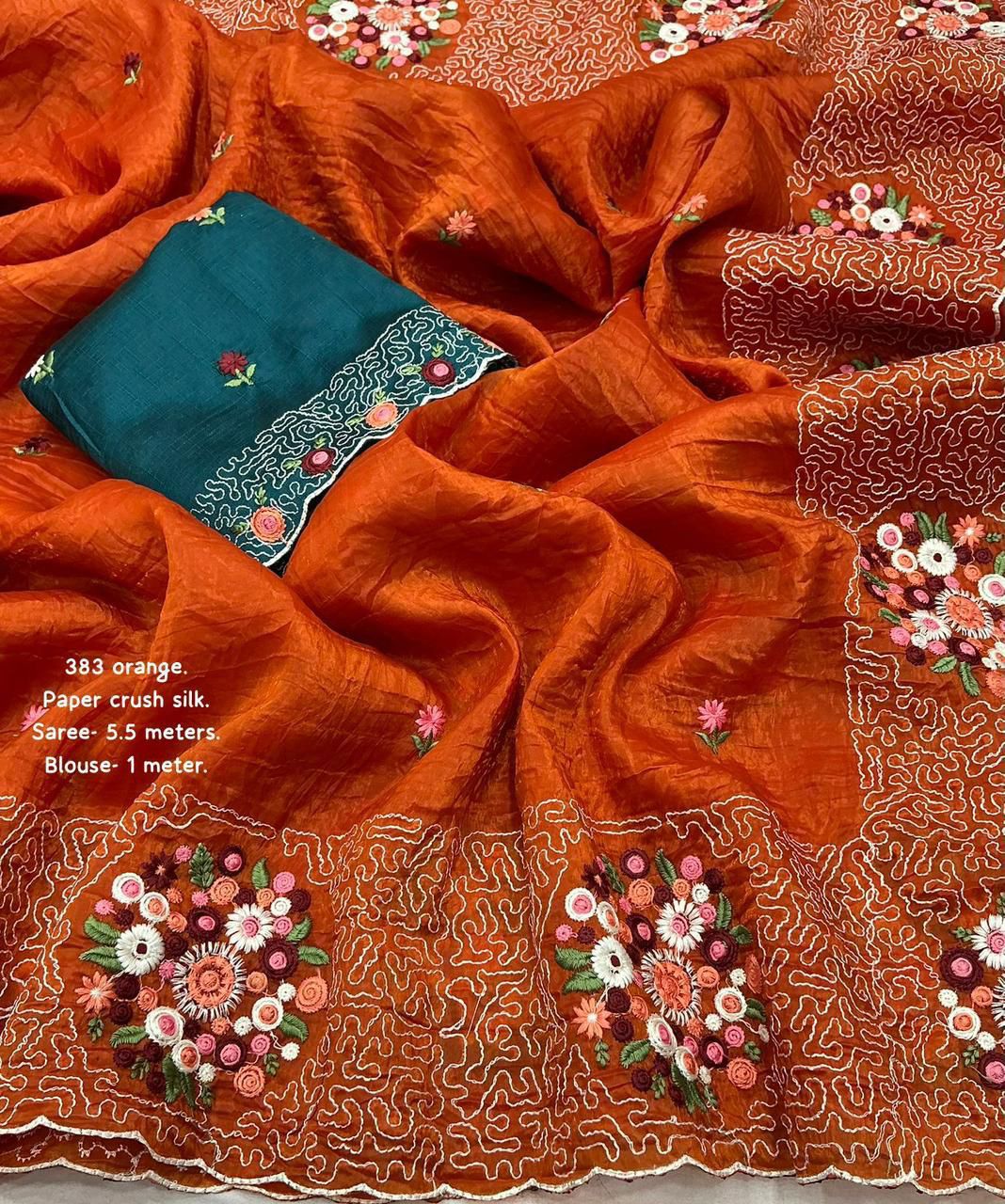 Orange Premium Paper Crush Silk Thread Embroidery Sequence Saree