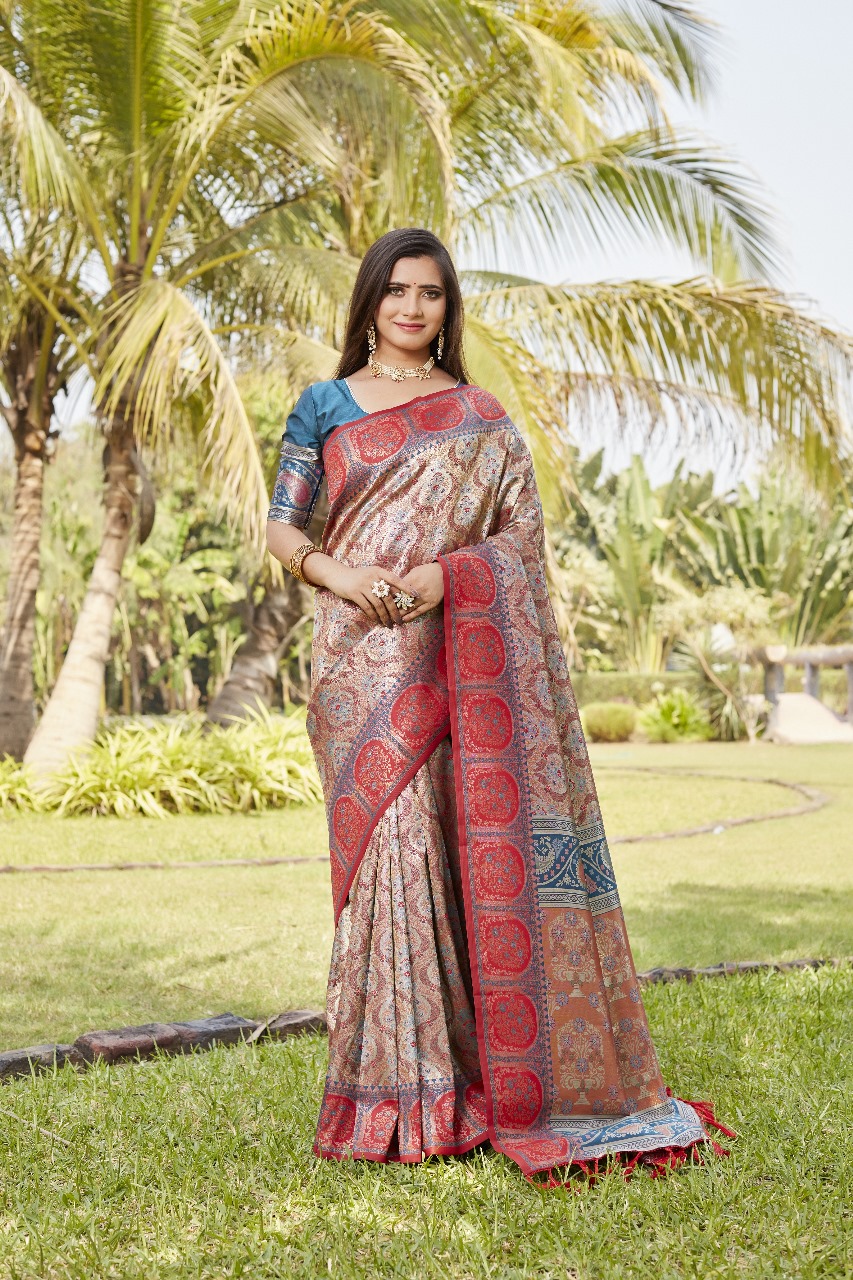 Beige Red Premium Kanjivaram Silk Rich Weaved Saree