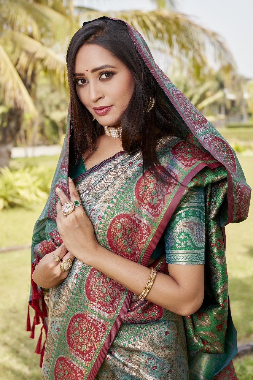 Beige Green Premium Kanjivaram Silk Rich Weaved Saree