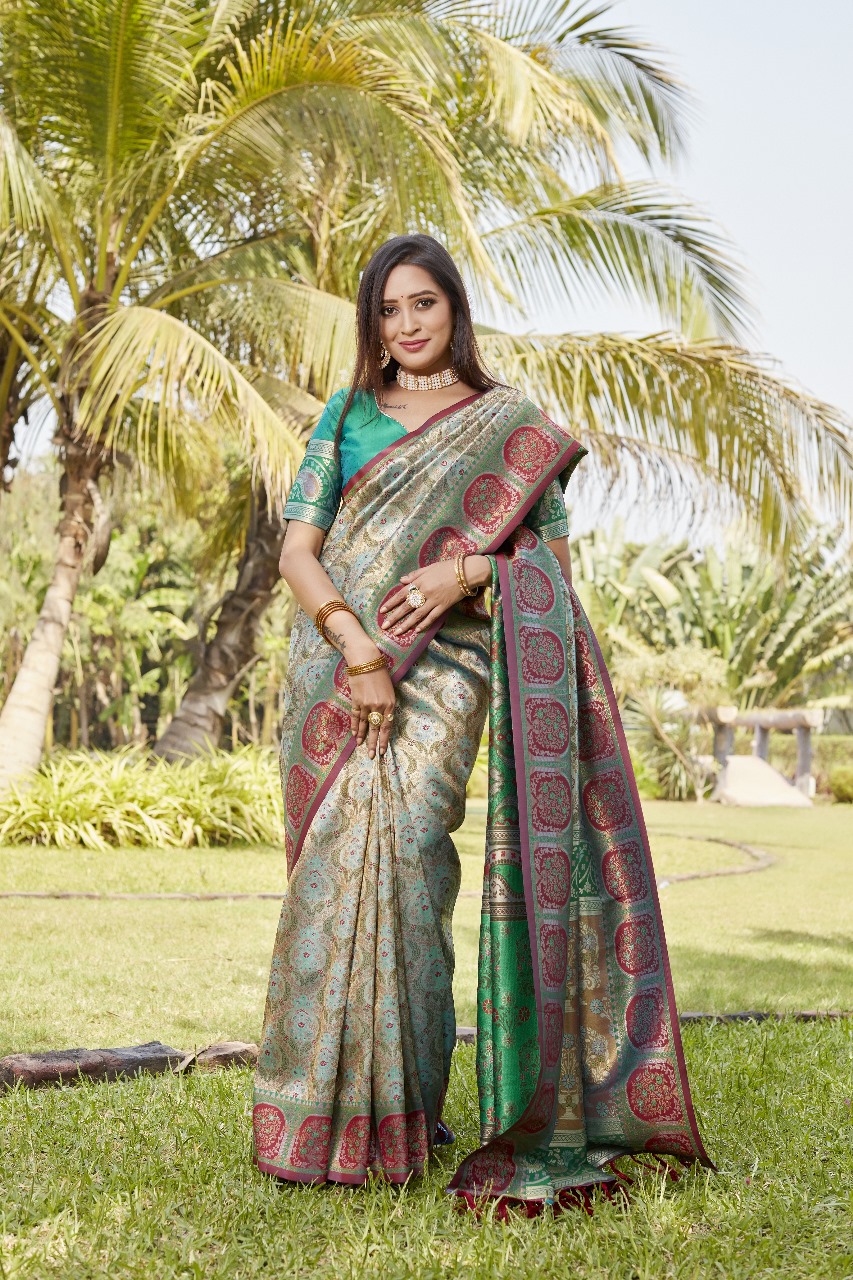 Beige Green Premium Kanjivaram Silk Rich Weaved Saree