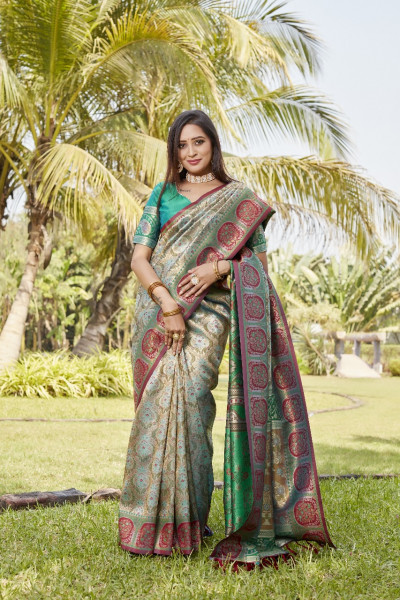 Image of Beige Green Premium Kanjivaram Silk Rich Weaved Saree
