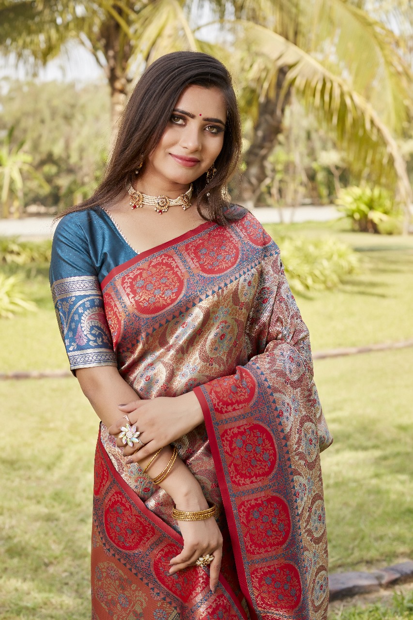 Beige Red Premium Kanjivaram Silk Rich Weaved Saree