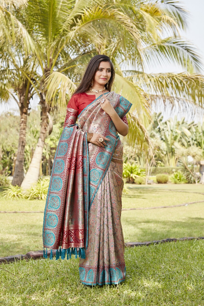 Beige Turquoise Premium Kanjivaram Silk Rich Weaved Saree