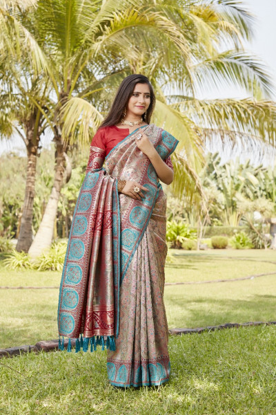 Image of Beige Turquoise Premium Kanjivaram Silk Rich Weaved Saree