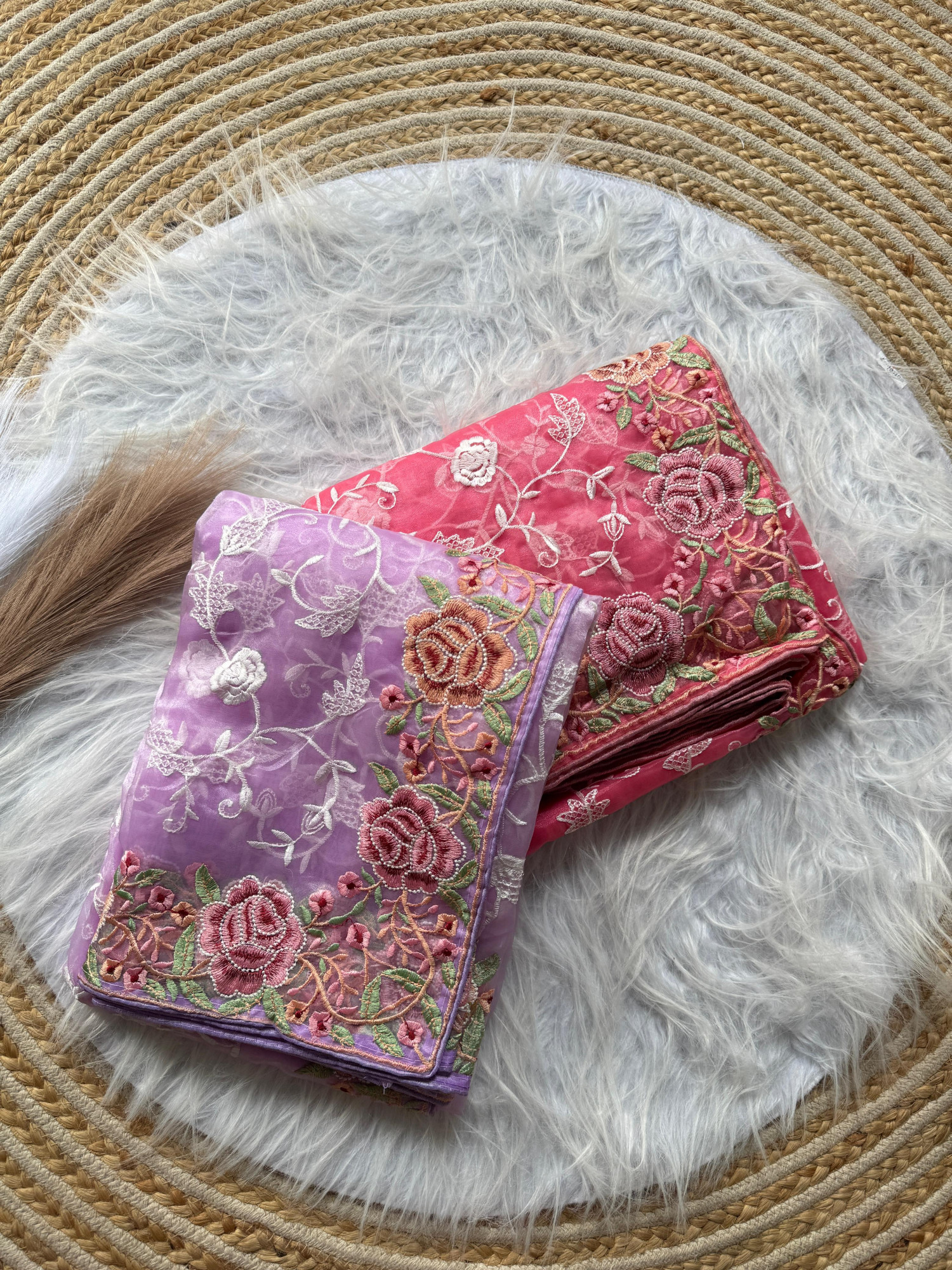 Pink Pure Organza Silk Viscose Thread Embroidery Saree