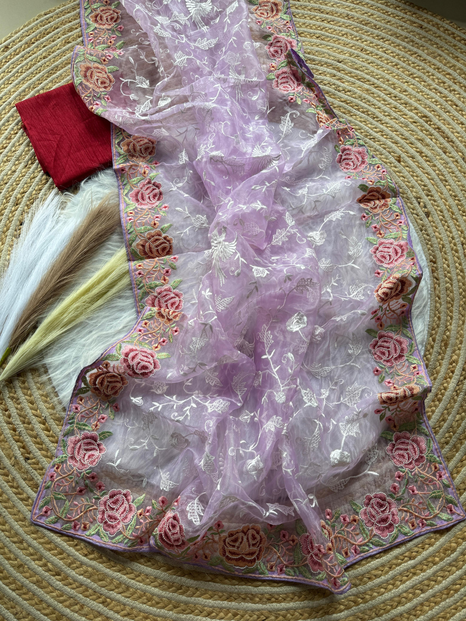 Purple Pure Organza Silk Viscose Thread Embroidery Saree