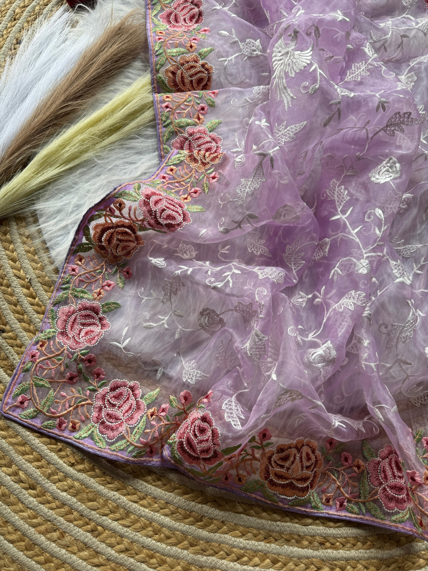 Purple Pure Organza Silk Viscose Thread Embroidery Saree