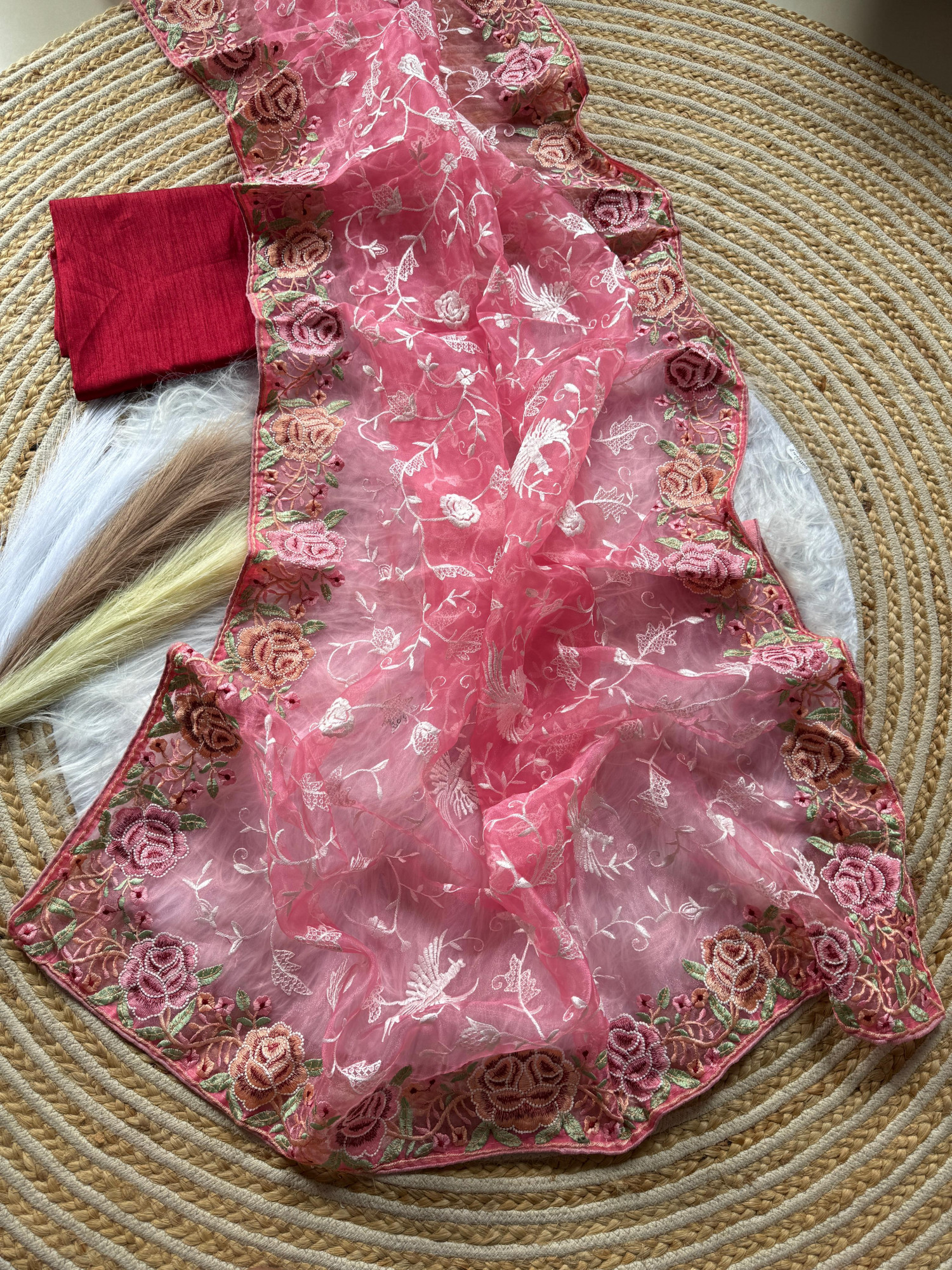 Pink Pure Organza Silk Viscose Thread Embroidery Saree