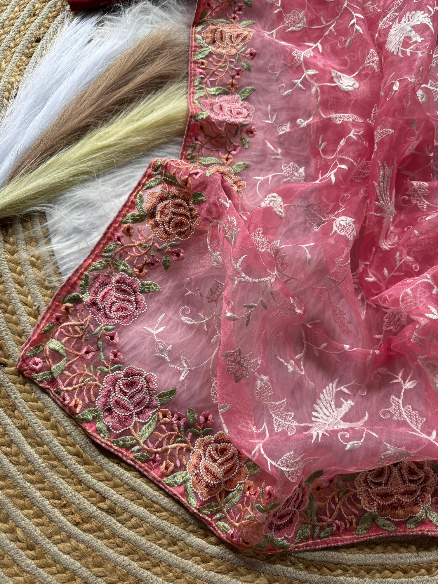 Pink Pure Organza Silk Viscose Thread Embroidery Saree