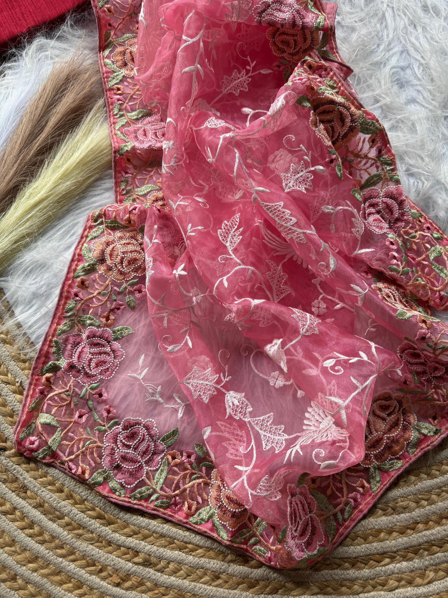 Pink Pure Organza Silk Viscose Thread Embroidery Saree