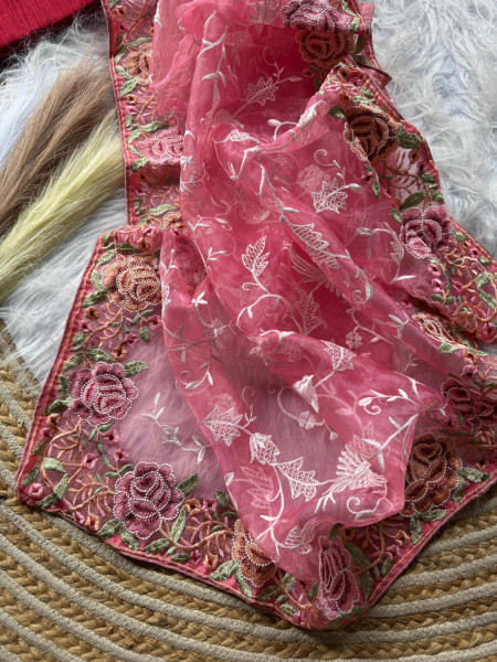 Image of Pink Pure Organza Silk Viscose Thread Embroidery Saree