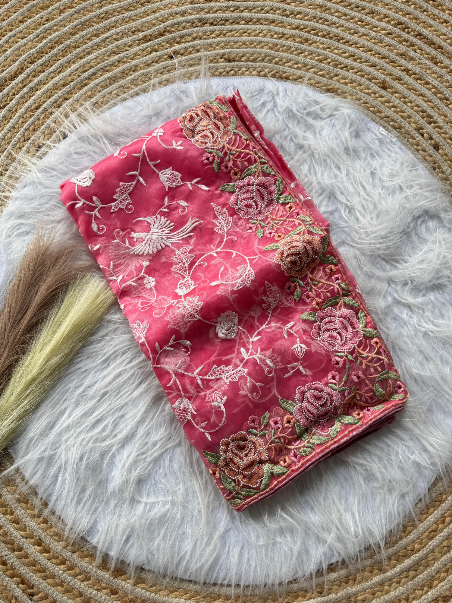 Pink Pure Organza Silk Viscose Thread Embroidery Saree