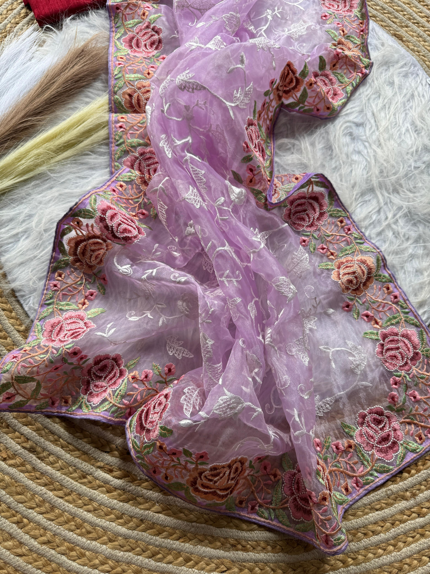 Purple Pure Organza Silk Viscose Thread Embroidery Saree