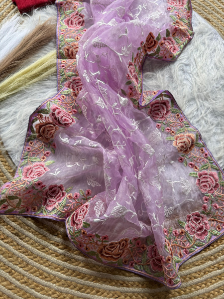 Image of Purple Pure Organza Silk Viscose Thread Embroidery Saree