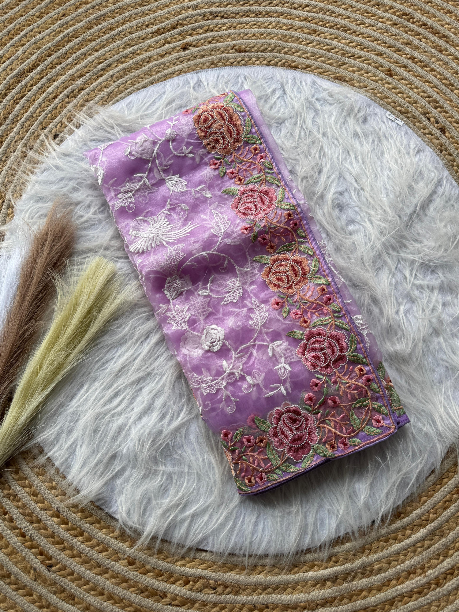 Purple Pure Organza Silk Viscose Thread Embroidery Saree