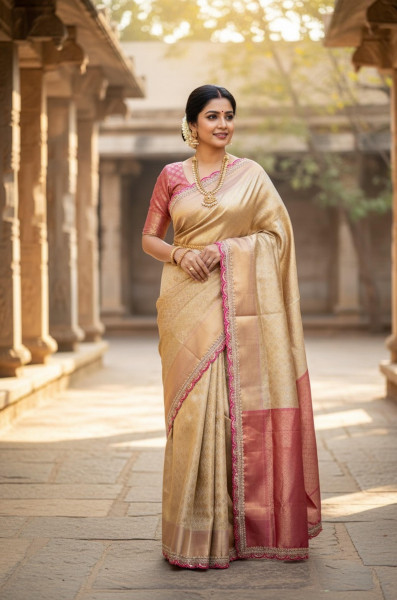 Image of Cream Pure Banarasi Tissue Silk Zari Weaved Lace Border Saree