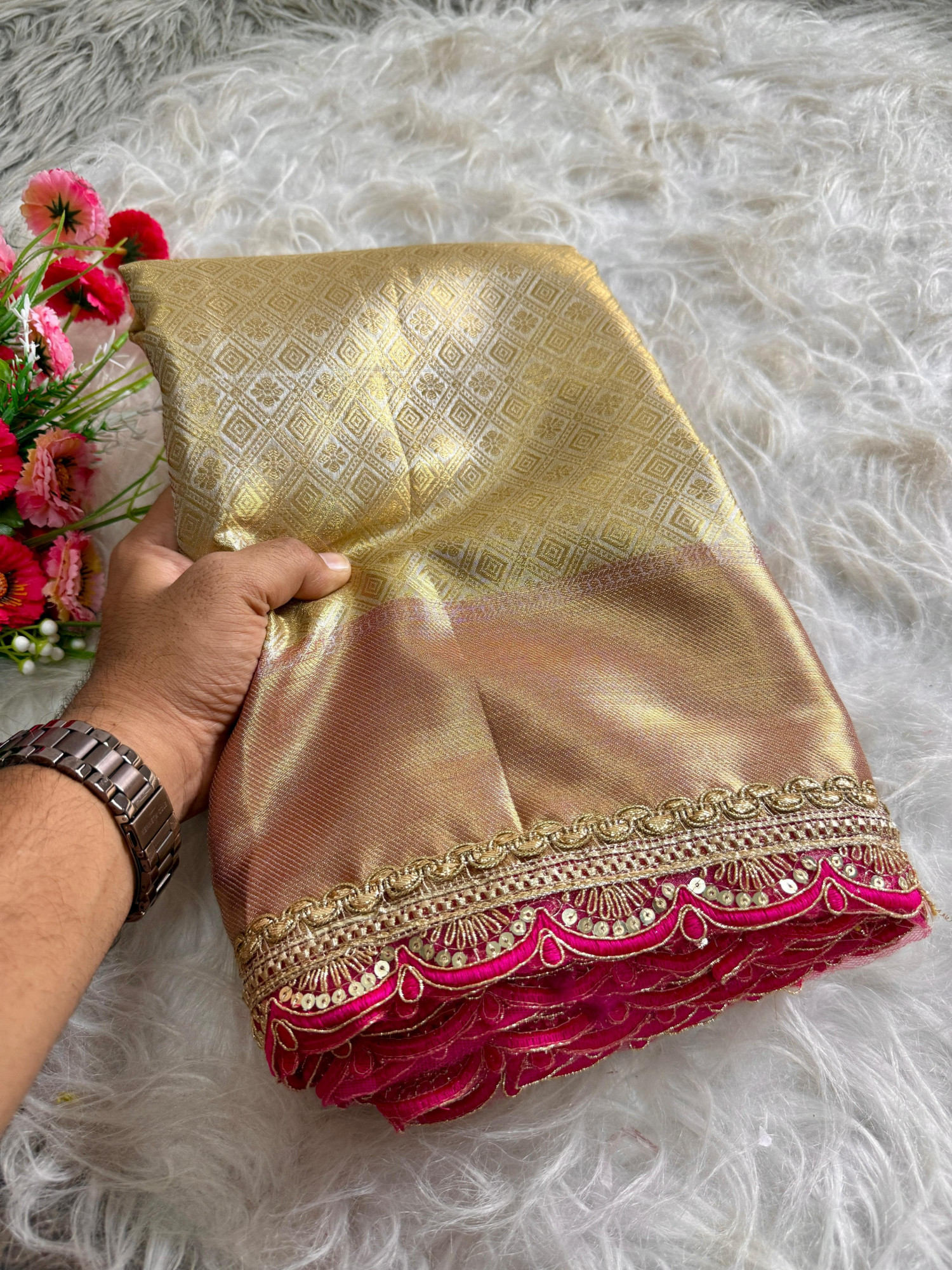 Cream Pure Banarasi Tissue Silk Zari Weaved Lace Border Saree