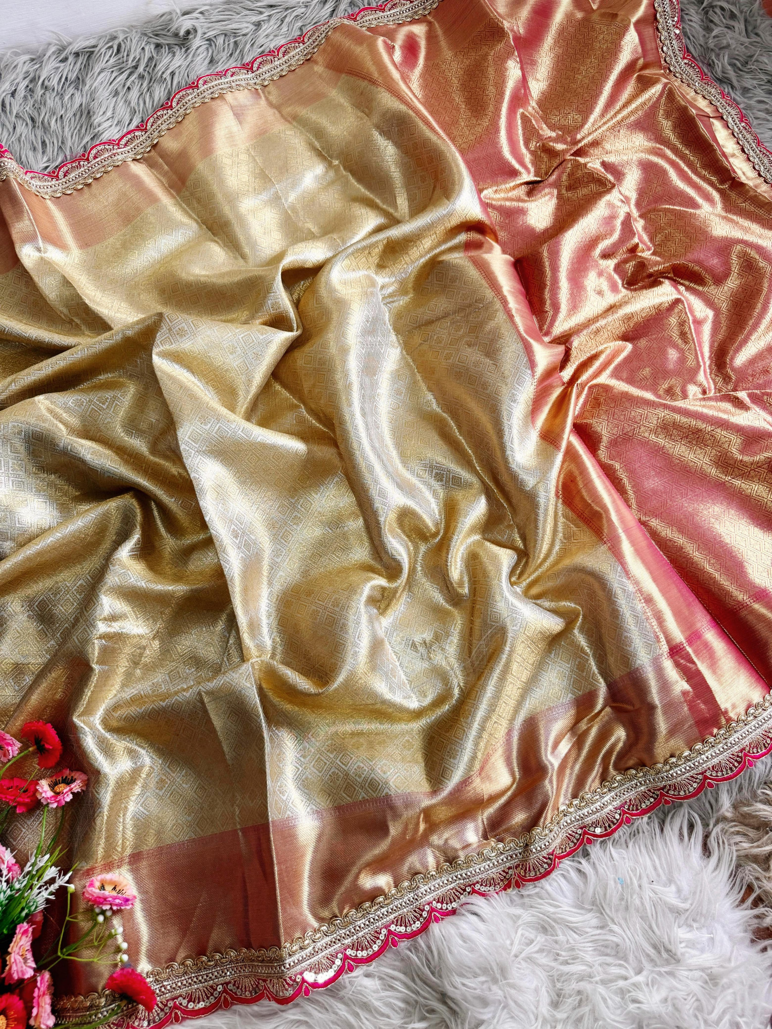Cream Pure Banarasi Tissue Silk Zari Weaved Lace Border Saree