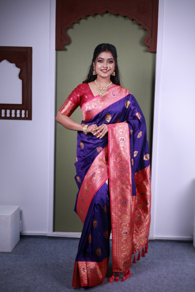Image of Navy Blue Paithani Silk Zari Meena Motifs Weaved Saree