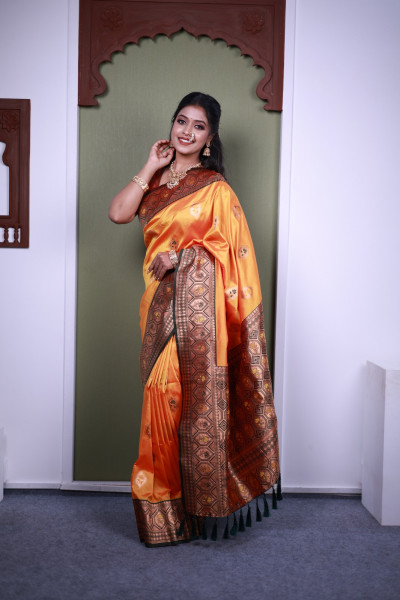 Image of Gold Paithani Silk Zari Meena Motifs Weaved Saree