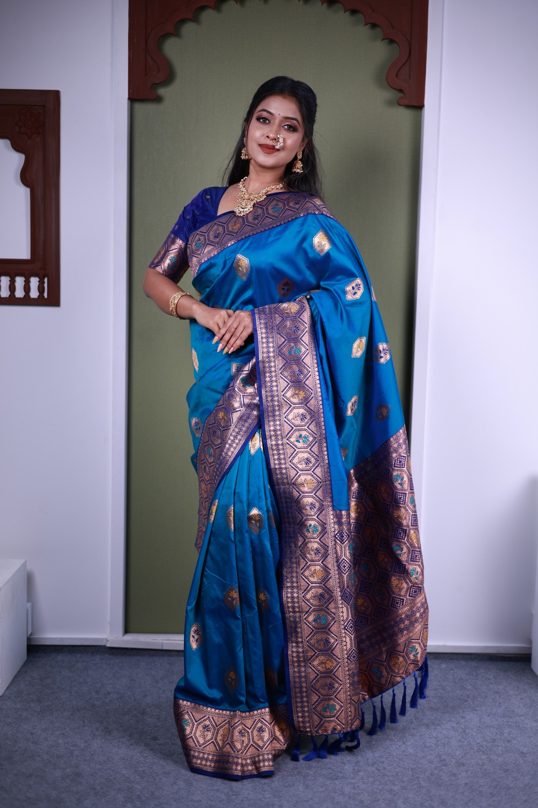 Teal Paithani Silk Zari Meena Motifs Weaved Saree