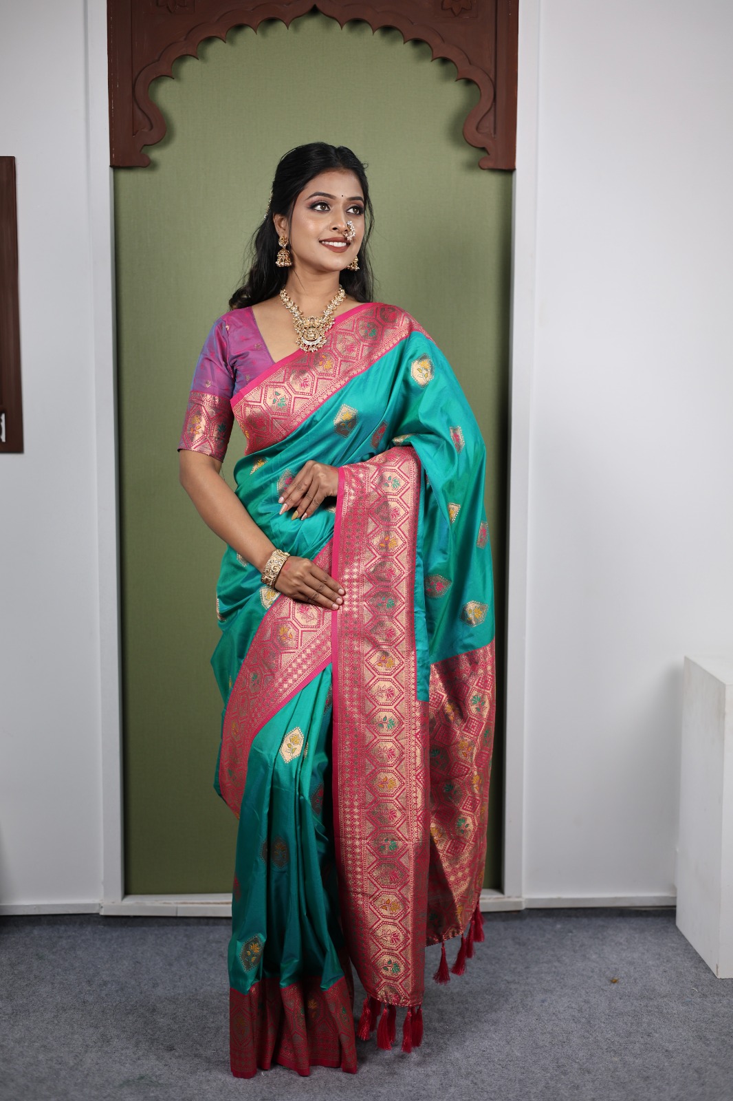 Jade Green Paithani Silk Zari Meena Motifs Weaved Saree