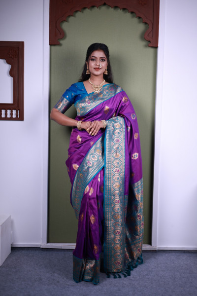 Image of Purple Paithani Silk Zari Meena Motifs Weaved Saree