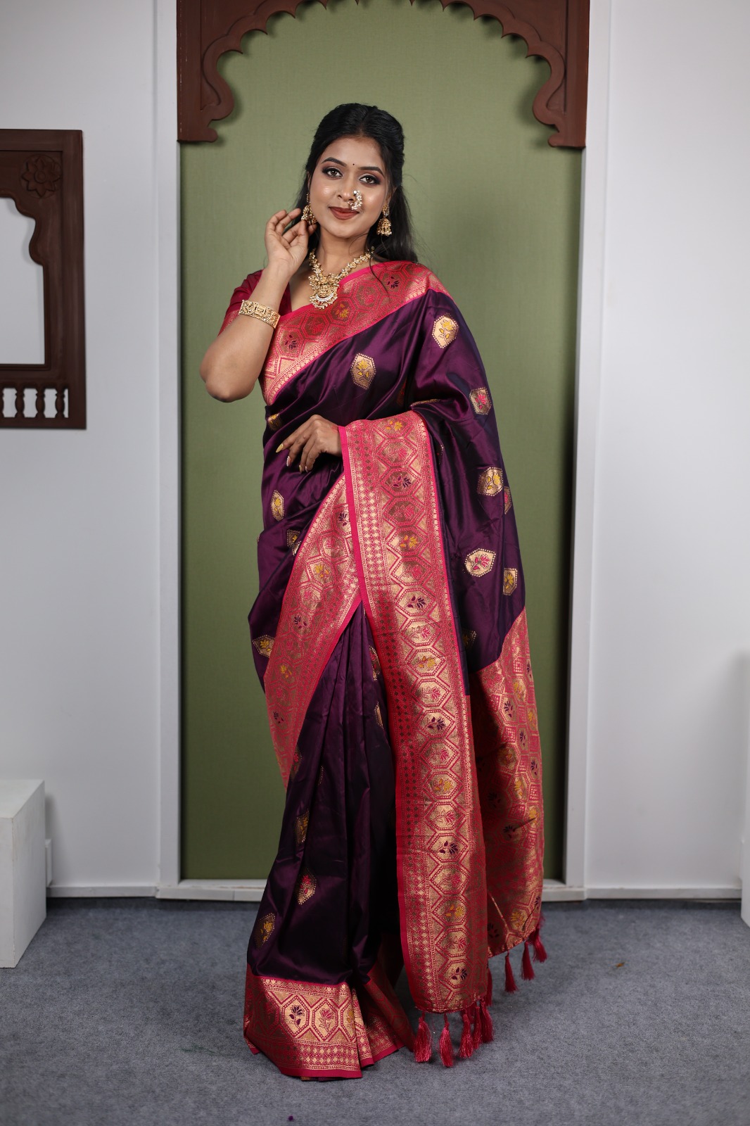 Wine Paithani Silk Zari Meena Motifs Weaved Saree