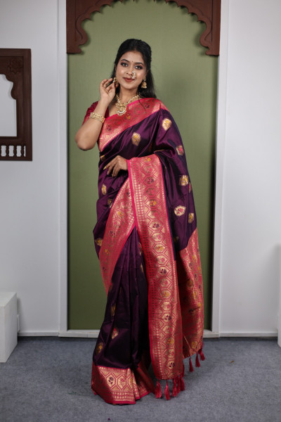 Image of Wine Paithani Silk Zari Meena Motifs Weaved Saree