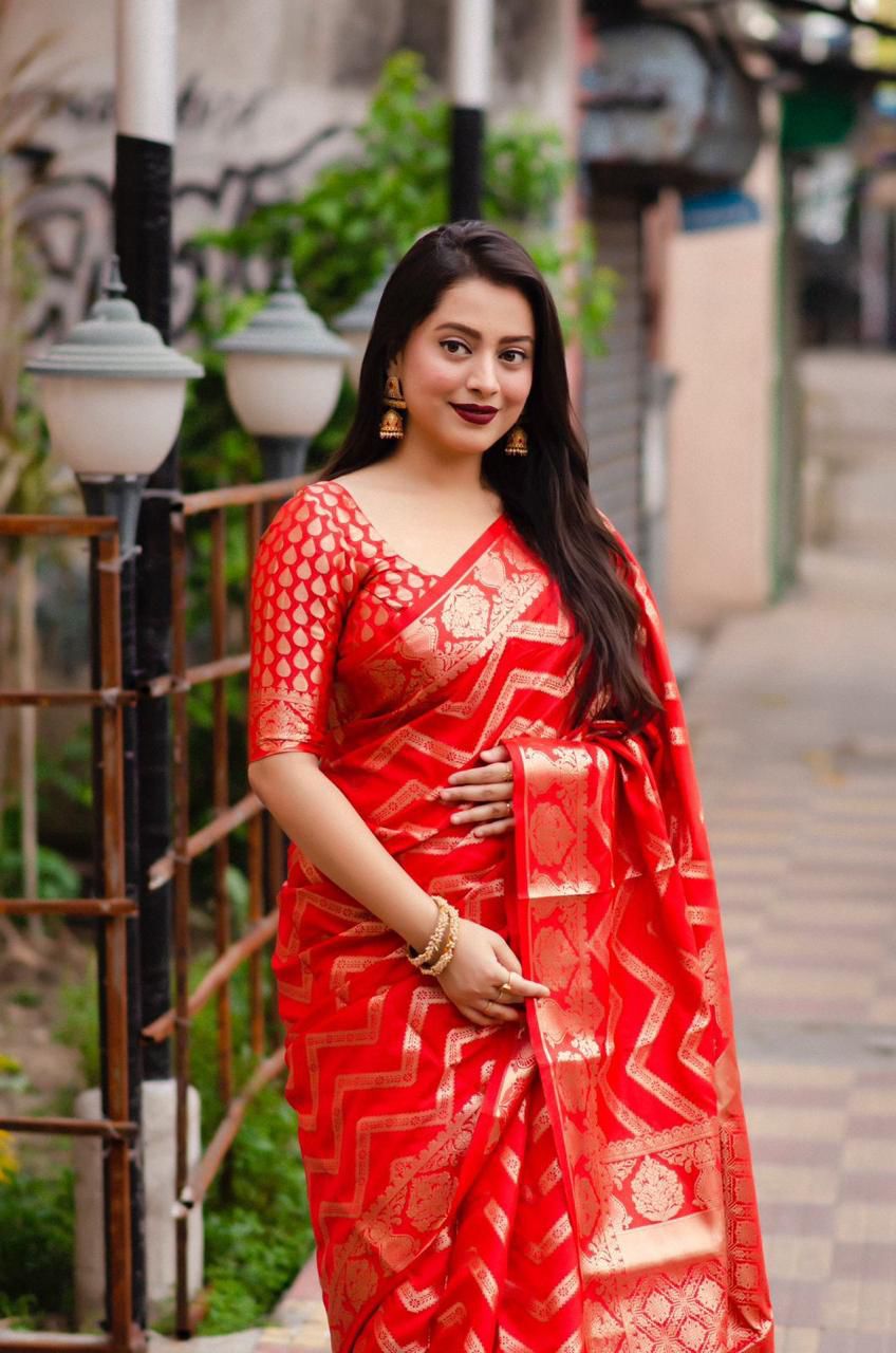 Red Banarasi Silk Zig Zag Zari Weaved Saree
