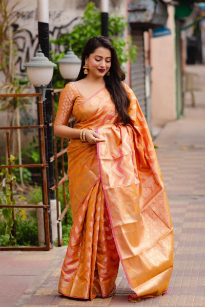 Image of Orange Banarasi Silk Zig Zag Zari Weaved Saree