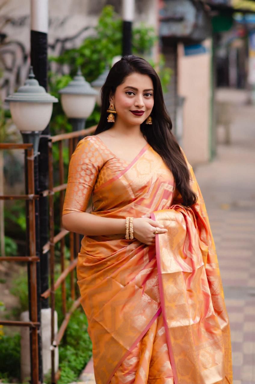 Orange Banarasi Silk Zig Zag Zari Weaved Saree