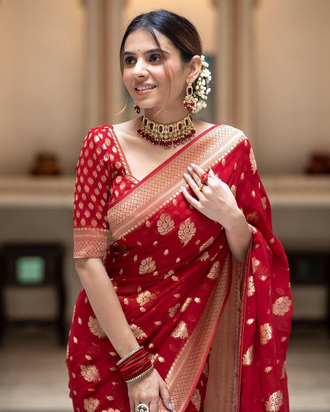 Red Banarasi Silk Rich Zari Weaved Boota Saree