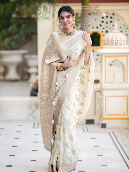 Image of Off-White Banarasi Silk Rich Zari Weaved Boota Saree