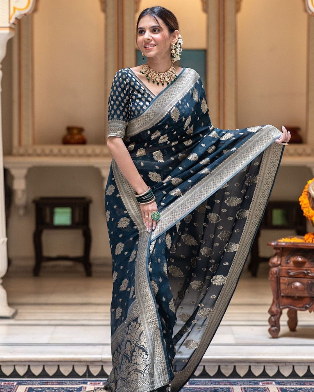 Dark Blue Banarasi Silk Rich Zari Weaved Boota Saree