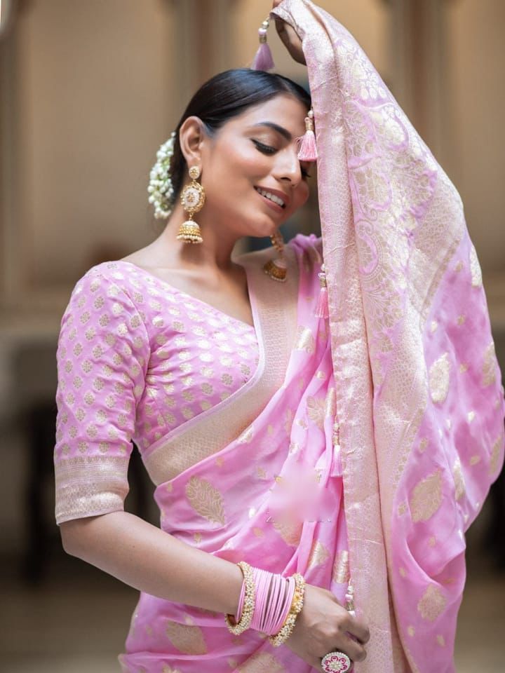 Baby Pink Banarasi Silk Rich Zari Weaved Boota Saree