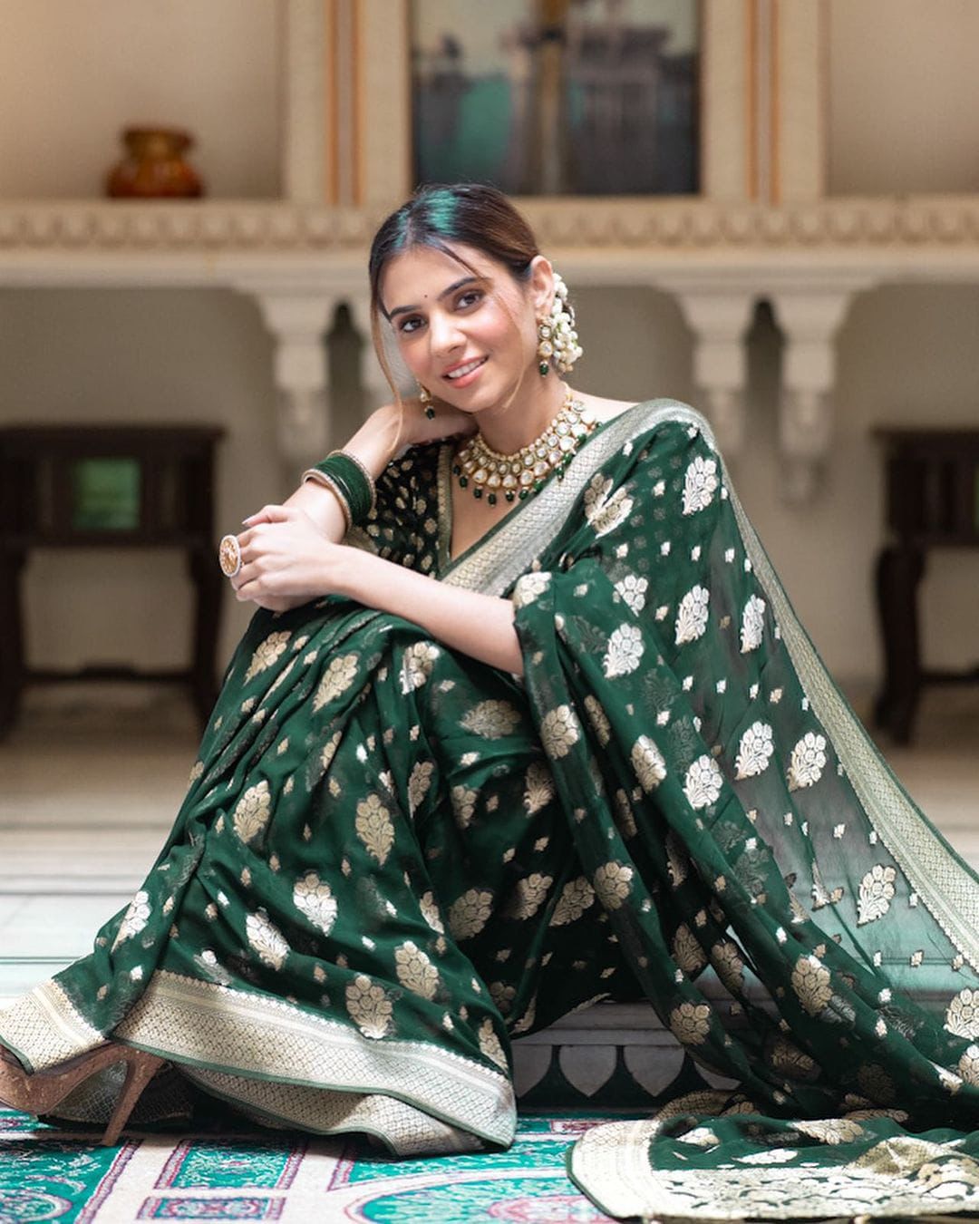 Bottle Green Banarasi Silk Rich Zari Weaved Boota Saree