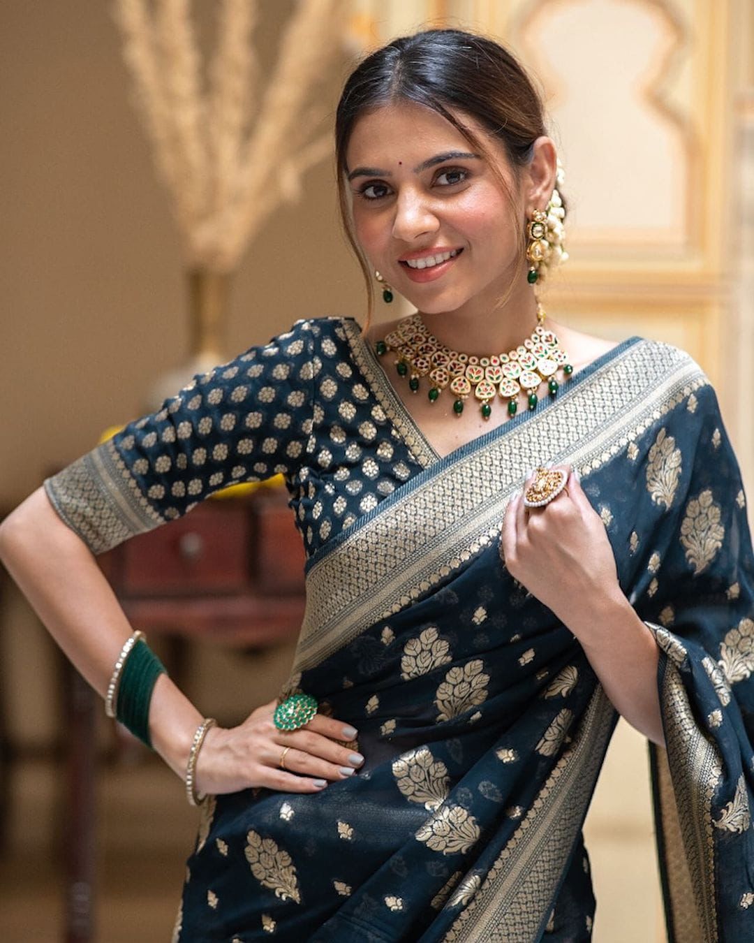 Dark Blue Banarasi Silk Rich Zari Weaved Boota Saree