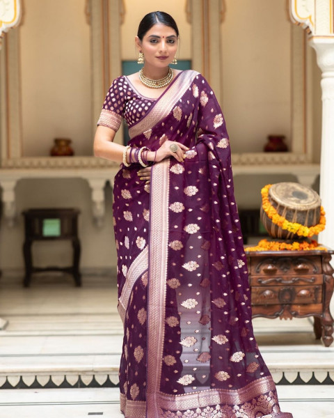 Image of Purple Banarasi Silk Rich Zari Weaved Boota Saree