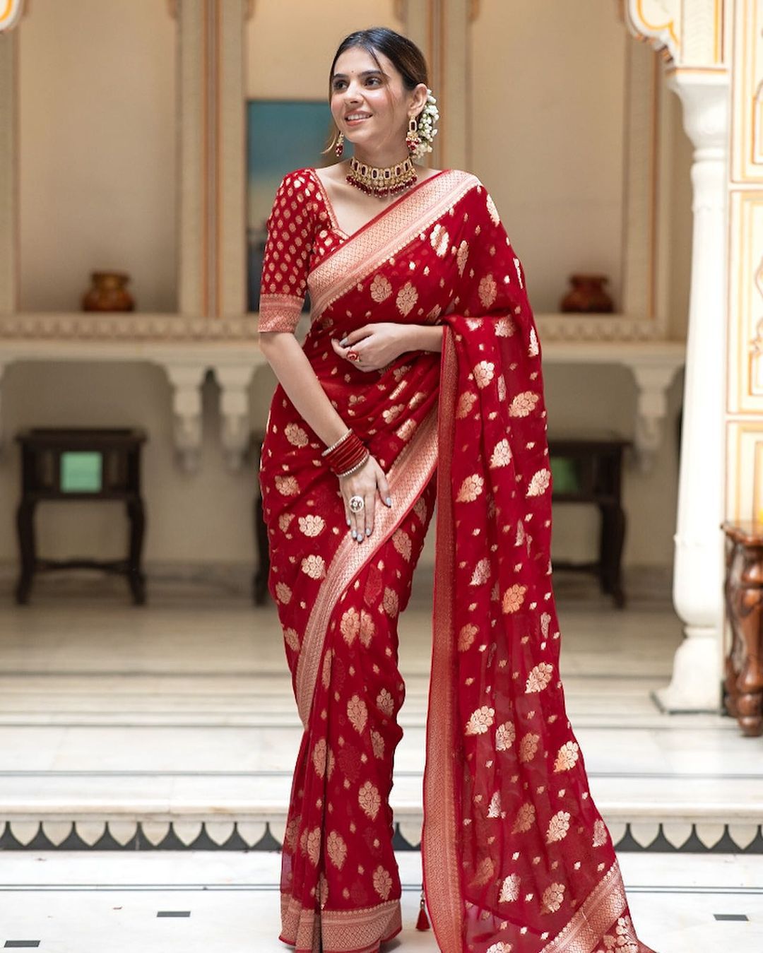 Red Banarasi Silk Rich Zari Weaved Boota Saree