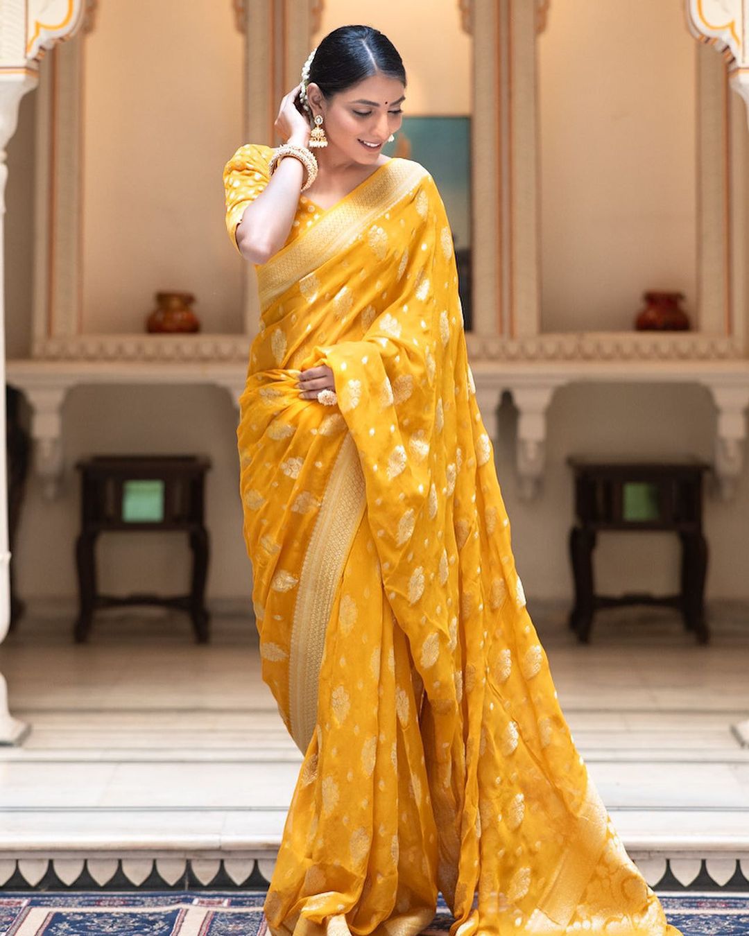 Mustard Banarasi Silk Rich Zari Weaved Boota Saree