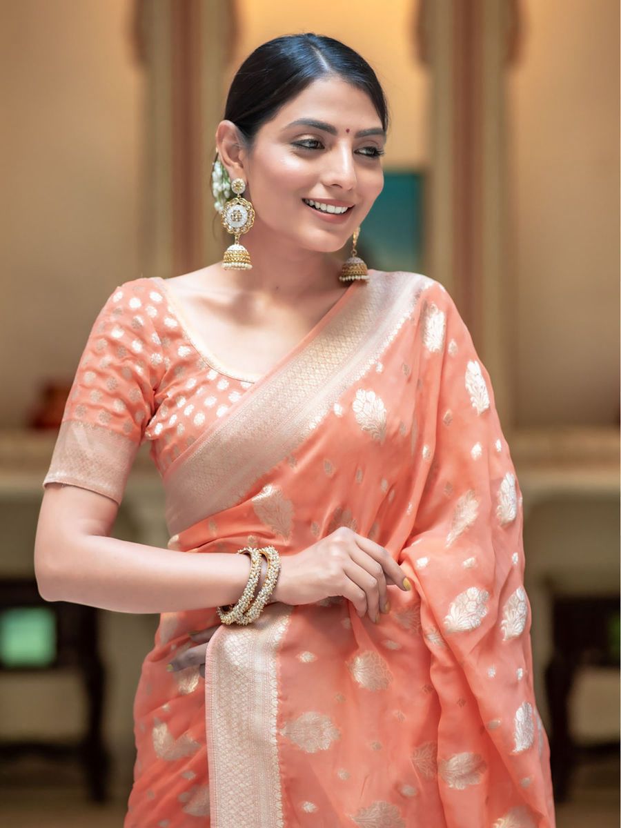 Peach Banarasi Silk Rich Zari Weaved Boota Saree
