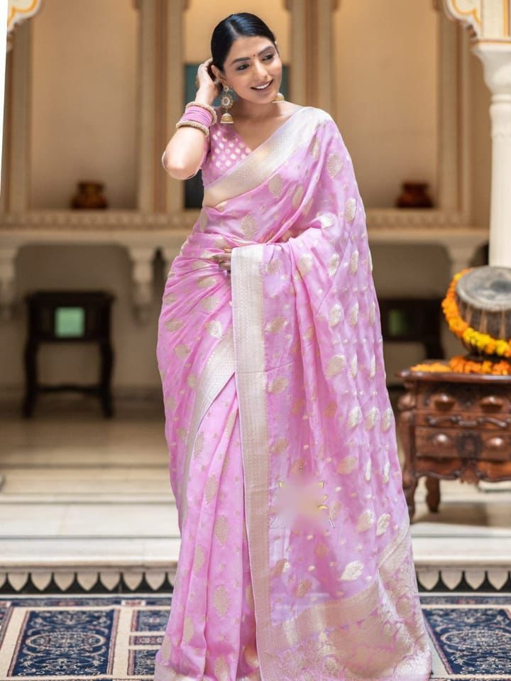 Baby Pink Banarasi Silk Rich Zari Weaved Boota Saree